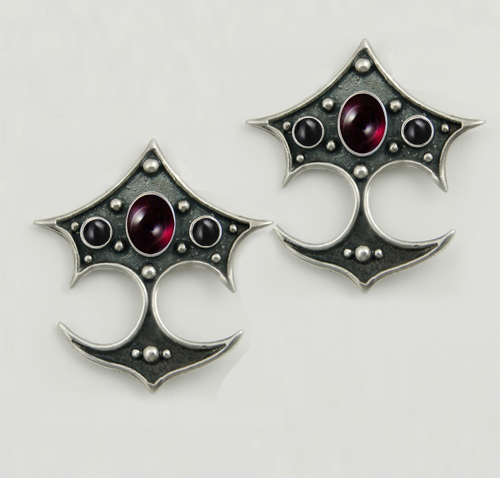 Sterling Silver Gothic Drop Dangle Earrings With Garnet And Black Onyx